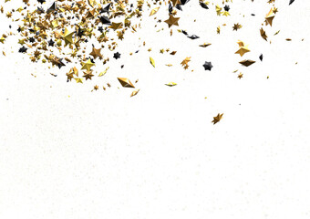 Banner with golden stars decoration. Festive border with falling glitter dust and stars.