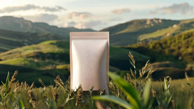 A minimalist recycled plastic stand-up pouch mockup with a picture