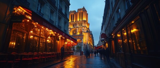 Naklejka premium Illuminated Parisian street at night, Notre Dame Cathedral in background.