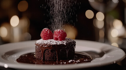 Decadent chocolate lava cake topped with raspberries and powdered sugar