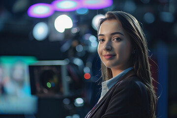 Generative AI Image of Female Television Host Conducting Live Interview in Studio