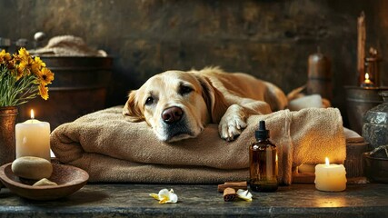A peaceful image of a dog being pampered at a spa, lying on quality pic.