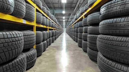 Endless rows of tires in an industrial warehouse storage facility