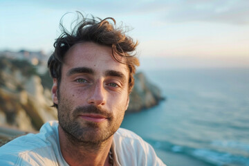 Fototapeta premium AI generated picture of male tourist taking a selfie in front of landscape