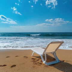 Fototapeta premium A tranquil beach setting with a lounge chair facing the ocean, gentle waves in the background, and a clear blue sky, representing a perfect rest day in a serene outdoor environment