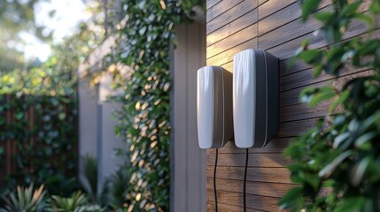 Fototapeta premium Wall-Mounted Electric Car Charger in a Green Outdoor Setting
