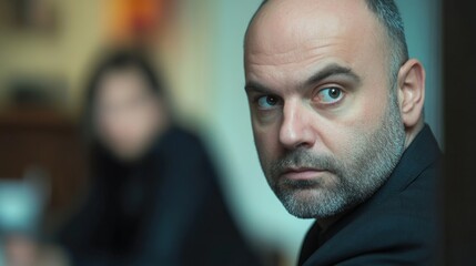 Fototapeta premium Portrait of a businessman discussing at office while his coworker is sitting in a blurry foreground