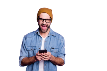 Cool handsome guy holding telephone reading unbelievable good news casual denim outfit isolated violet background