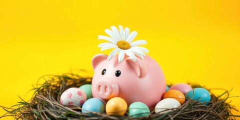 Pink Piggy Bank Wearing a Daisy Crown Nestled in a Bird's Nest with Easter Eggs