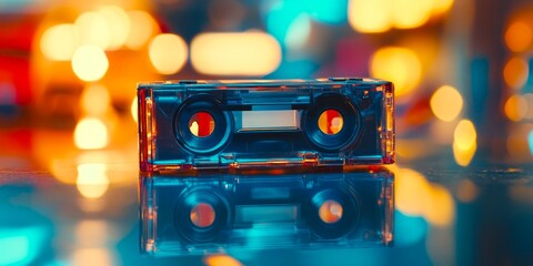 Fototapeta premium A vibrant and colorful cassette tape sits prominently against a blurred background of lights. This image reflects nostalgia and captures the essence of retro music. Ideal for creative projects. AI