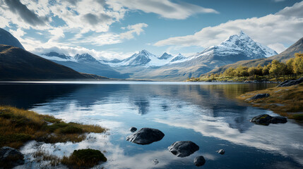 A beautiful mountain lake with a reflection of the mountains in the water