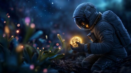 An astronaut in a space suit kneels on an alien landscape, cradling a glowing orb surrounded by mysterious plants.