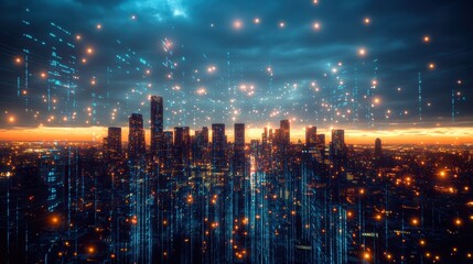 Obraz premium Futuristic cityscape with digital data overlay and glowing lights at sunset