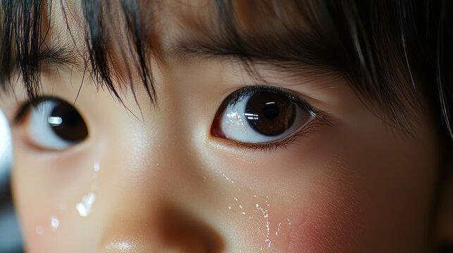 Close-Up of a Child's Expression, Capturing Emotion Through Water Droplets on Cheeks, Highlighting Innocence and Wonder in a Soft Lighting Environment