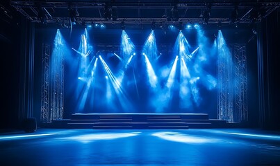 Illuminated stage with dramatic blue lighting and spotlights, ideal for performances or events, Generative Ai