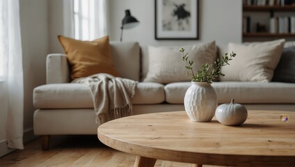 A close-up of a space on a round wooden table in a minimalist white and bright living room