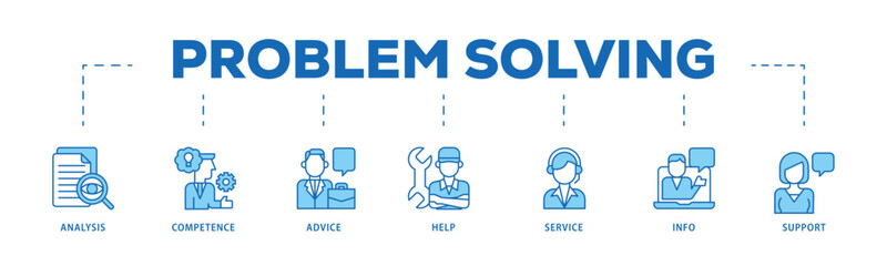 Problem solving infographic icon flow process which consists of analysis, critical thinking, creativity, emotional intelligence, research, team building  icon live stroke and easy to edit .