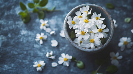 A bowl of white flowers sits on a table