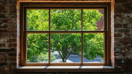Fototapeta premium Framed view of tree-lined street from brick window, calming greens against rugged brick texture