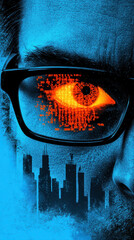 Intense macro shot of eye with digital elements, city skyline backdrop, showcasing technology and focus