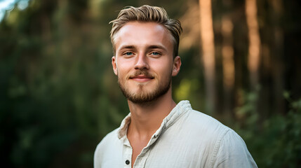 A man with a beard and a smile is standing in a forest