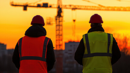 Two construction workers observing large building site at sunset, showcasing teamwork and safety