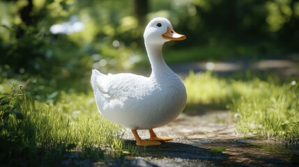 White duck walking on a path in a sunny park.