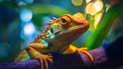 A lizard is sitting on a branch in a lush green forest