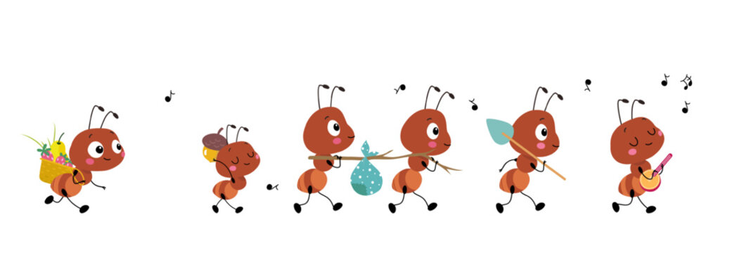Funny working ants characters. Cartoon ant walk one after another and carry different objects. Work group process, insects work to music, vector isolated scene