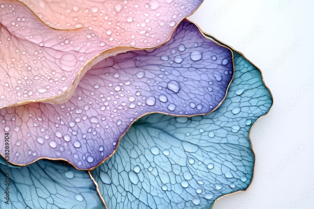 Poster an ultra-detailed close-up of a rose petal covered in tiny dew droplets, with every vein and texture