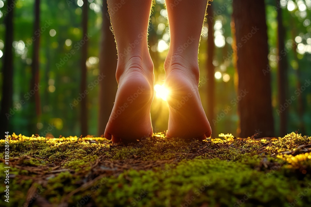 Poster bare feet walking on a sunlit forest path, with mossy ground and dappled light filtering through the
