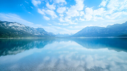 A beautiful blue lake with mountains in the background