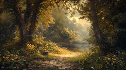 A painting of a forest with a path leading through it