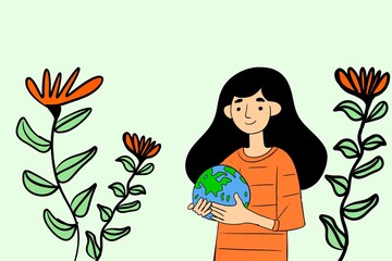 young girl holding the world ball in her hands. save the planet concept.