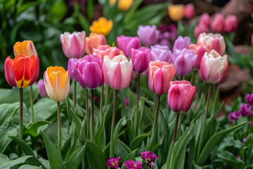 Fototapeta premium Colorful first tulips in field generative ai