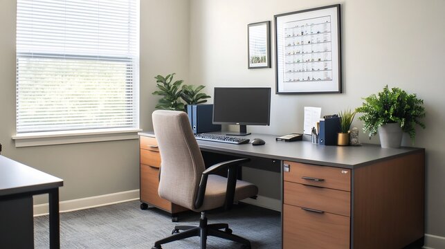 Sleek and Organized Corporate Workspace with Motivational Decor