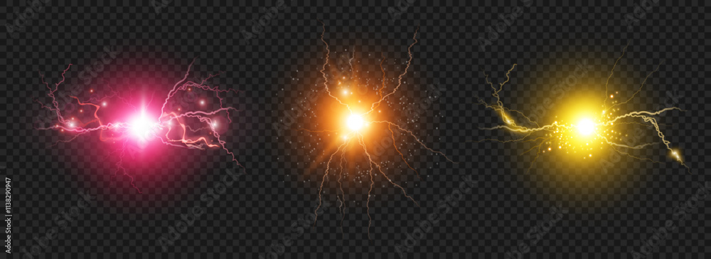 Aufkleber plasma balls with thunderbolts and sparks of energy and discharge. vector isolated set of realistic 