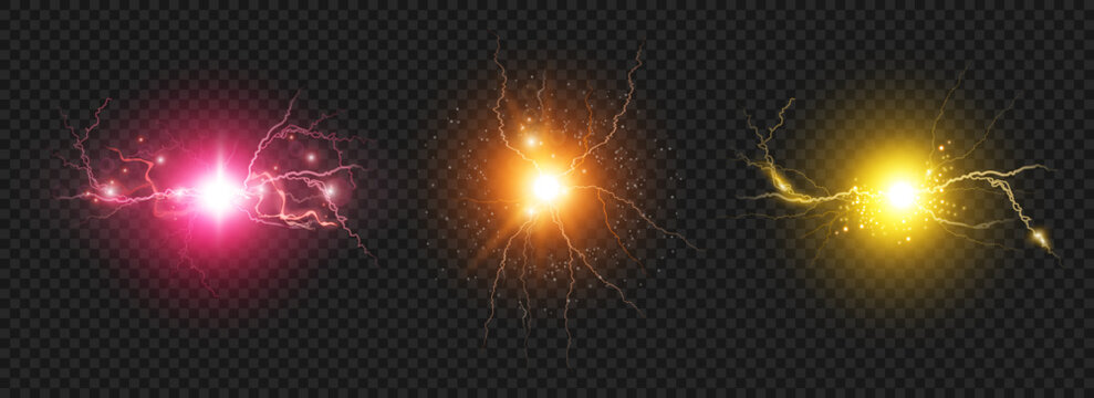 Plasma balls with thunderbolts and sparks of energy and discharge. Vector isolated set of realistic round lightning charged with high voltage and power. Magic strikes and blast or burst