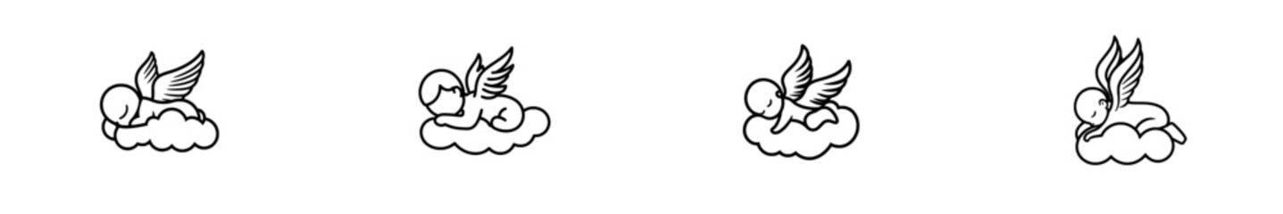 A hand-drawn engraving sketch of a charming little angel napping on a cloud. Contemporary illustration.