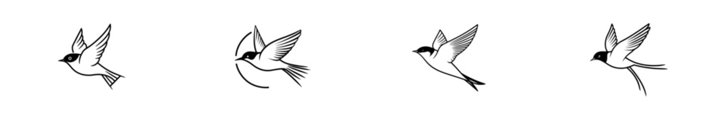 Obraz premium A hand-drawn, modern illustration in an engraving style featuring a flying swallow.