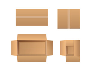 Delivery cargo box with tape, closed and open cardboard parcels, top view. Vector realistic set of empty packaging for distribution and express export. Postal goods and mail services container