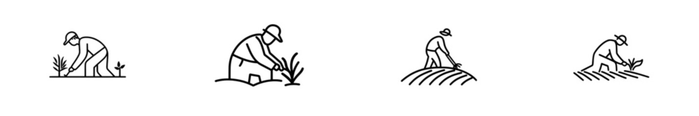 Obraz premium A joyful farmer wearing a hat tends to the field in an engraving style. This hand-drawn ink sketch serves as a modern logotype illustration.