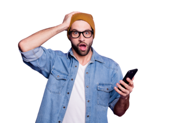 Photo of cool guy holding telephone reading bad news wearing specs casual denim outfit isolated violet background
