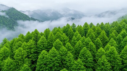 The forest is surrounded by mist, symbolizing sustainable forestry and environmental conservation.