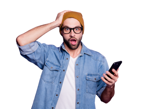Photo of cool guy holding telephone reading bad news wearing specs casual denim outfit isolated violet background