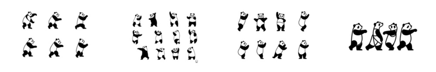 Collection of hand-drawn ink sketches of dancing pandas, featuring a modern engraved style illustration.