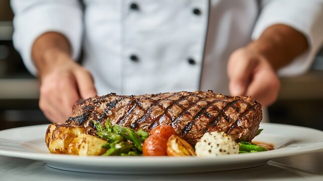 A chef presenting a beautifully grilled steak with sides of vegetables and sauces, showcasing culinary expertise and appetizing presentation.