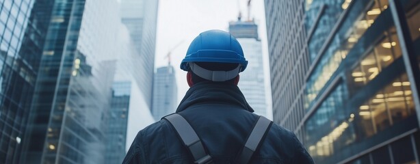 An engineer wearing a construction helmet stands in front of a building.