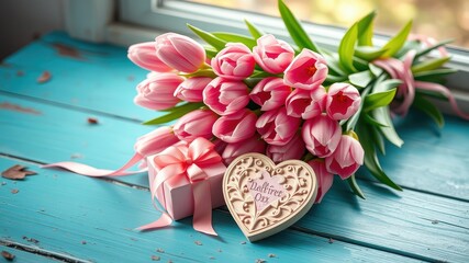 Pink tulips, a gift box with a bow, and a heart-shaped ornament with an inscription on a rustic blue wooden background.
