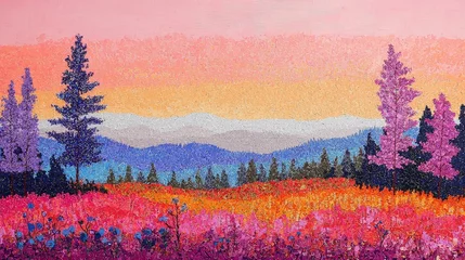 Fototapete Rund Vibrant Pastoral Landscape in Pointillism Style © waddaw
